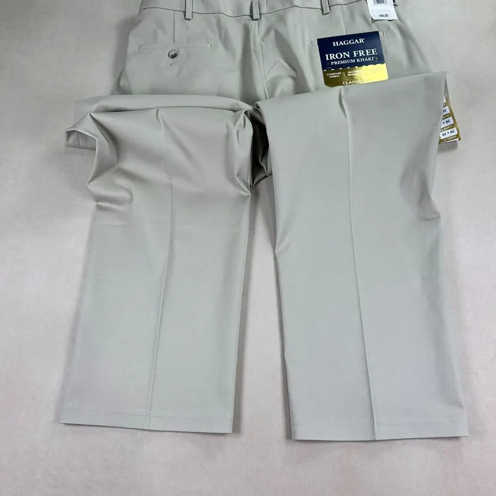 Haggar Mens 38x29 Iron Free Premium Khaki Pants Classic Fit Stretch NWT Sand